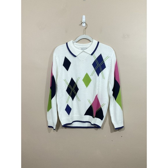 Petite Sophisticate Sweaters - VTG Womens Argyle Sweater M Petite White Preppy Classic Academia 90s Granny NWT